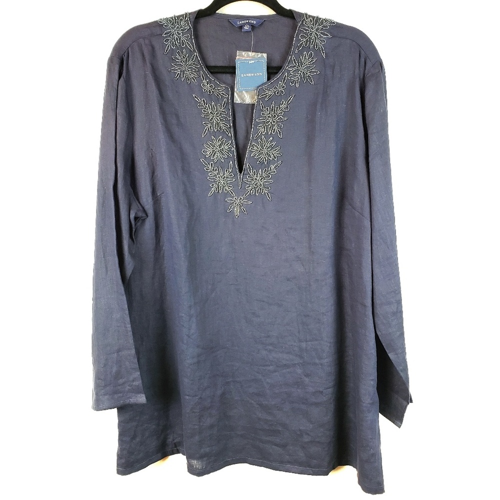Lands End Linen Beaded Navy Blue Tunic Top size XL